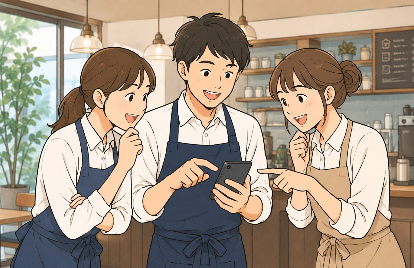 お客さまの声をスマホで確認して喜ぶ店舗スタッフのイラスト